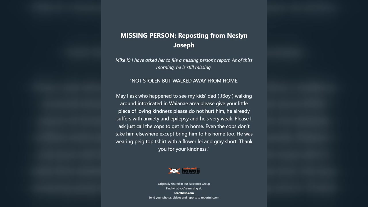 MISSING PERSON - Oahu | Stolen Stuff Hawaii