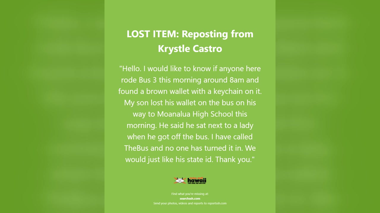 LOST ITEM - Oahu | Stolen Stuff Hawaii