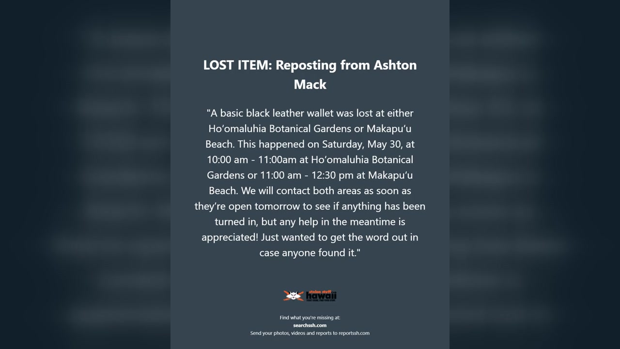 LOST ITEM - Oahu | Stolen Stuff Hawaii