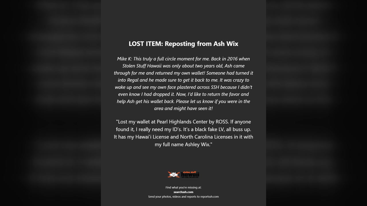 LOST ITEM - Pearl Highlands Center | Stolen Stuff Hawaii