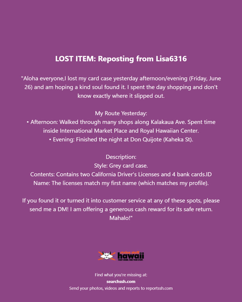 LOST ITEM - Oahu | SSH Search