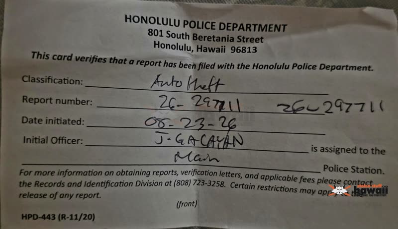 VEHICLE THEFT - Oahu | SSH Search