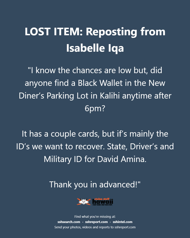 LOST ITEM - New Diner’s Parking Lot in Kalihi | SSH Search