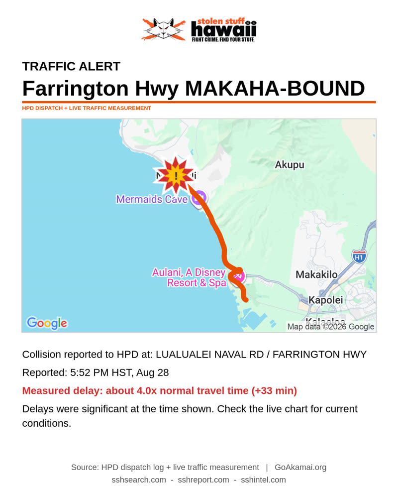 TRAFFIC INCIDENT - LUALUALEI NAVAL RD / FARRINGTON HWY | SSH Search