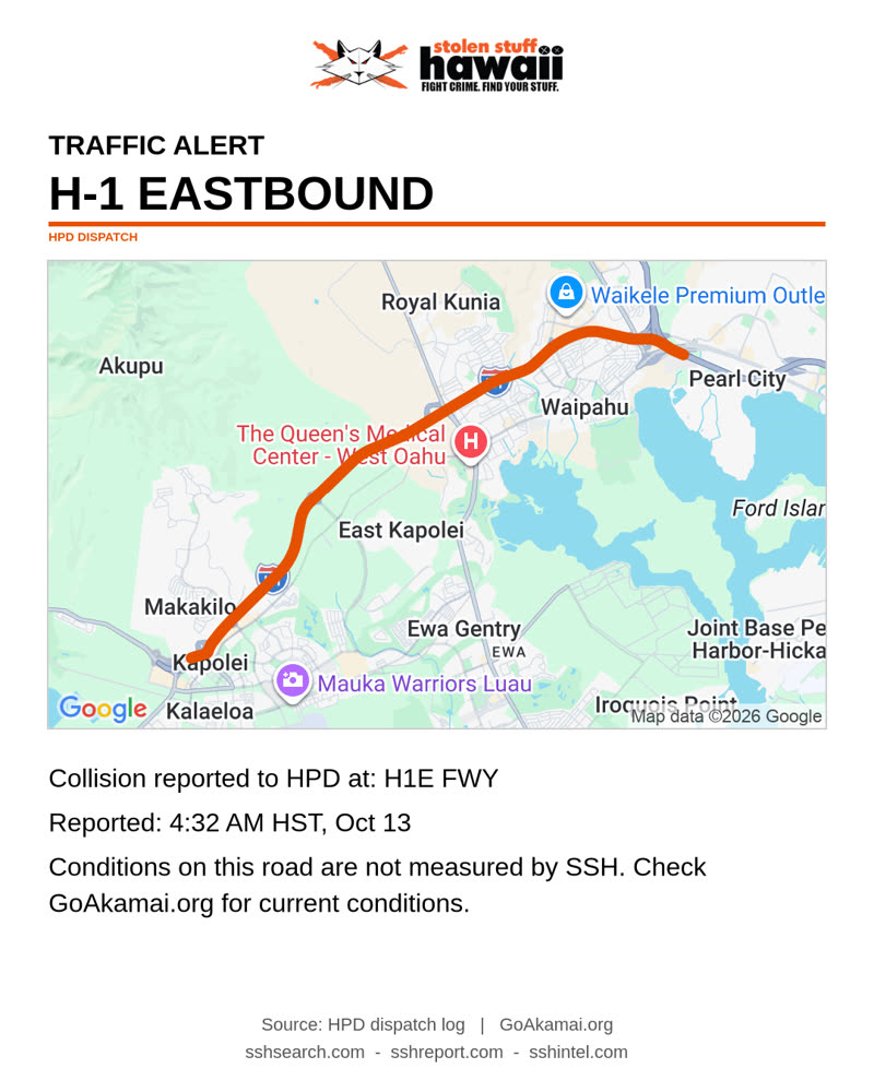 TRAFFIC INCIDENT - H1E FWY | SSH Search