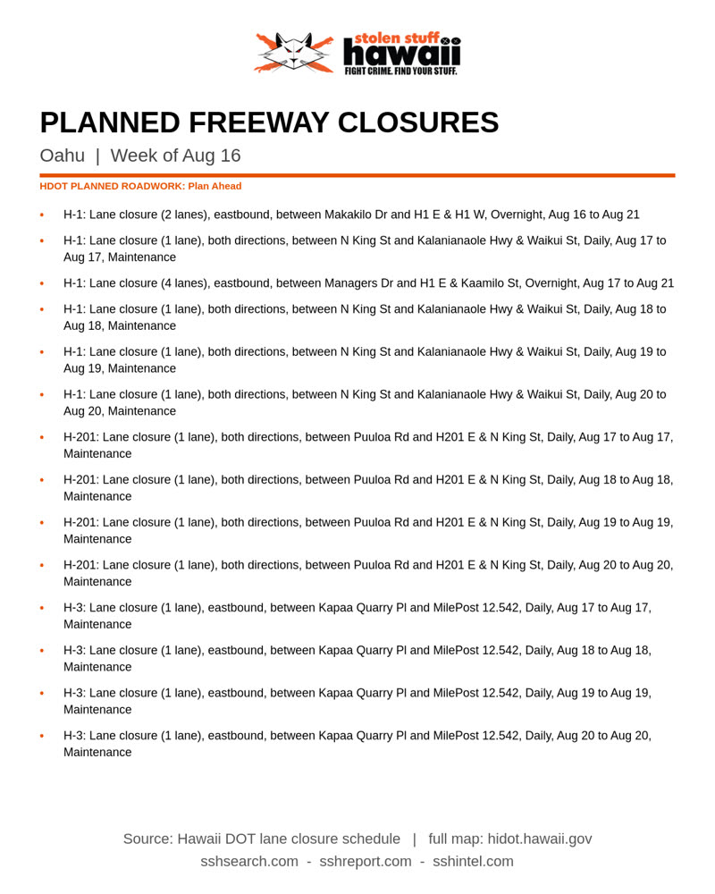 ROAD CLOSURE - Oahu | SSH Search