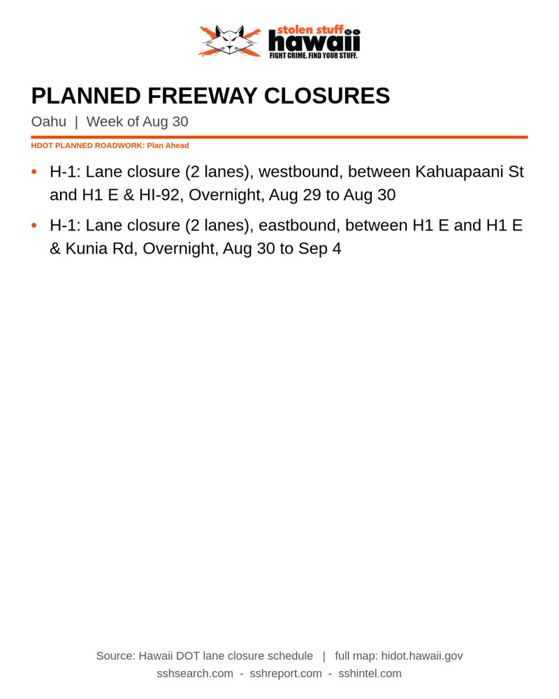 ROAD CLOSURE - Oahu | SSH Search