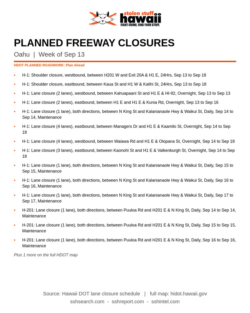 ROAD CLOSURE - Oahu | SSH Search