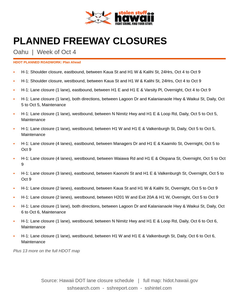ROAD CLOSURE - Oahu | SSH Search