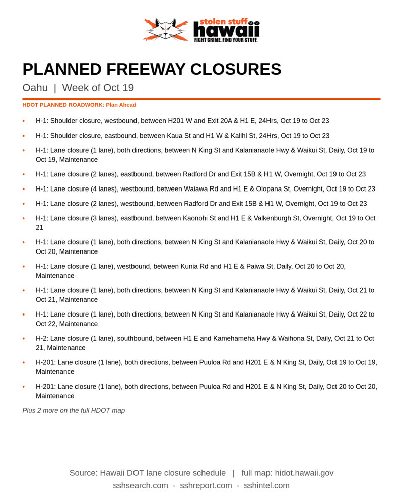 ROAD CLOSURE - Oahu | SSH Search