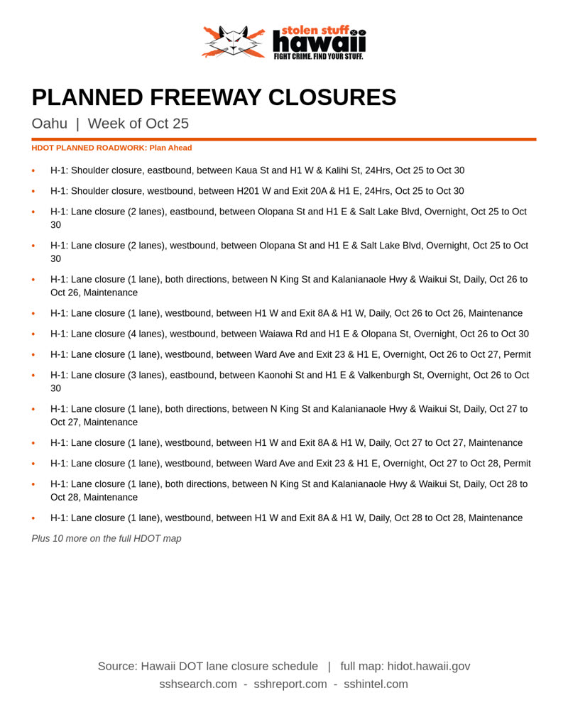 ROAD CLOSURE - Oahu | SSH Search