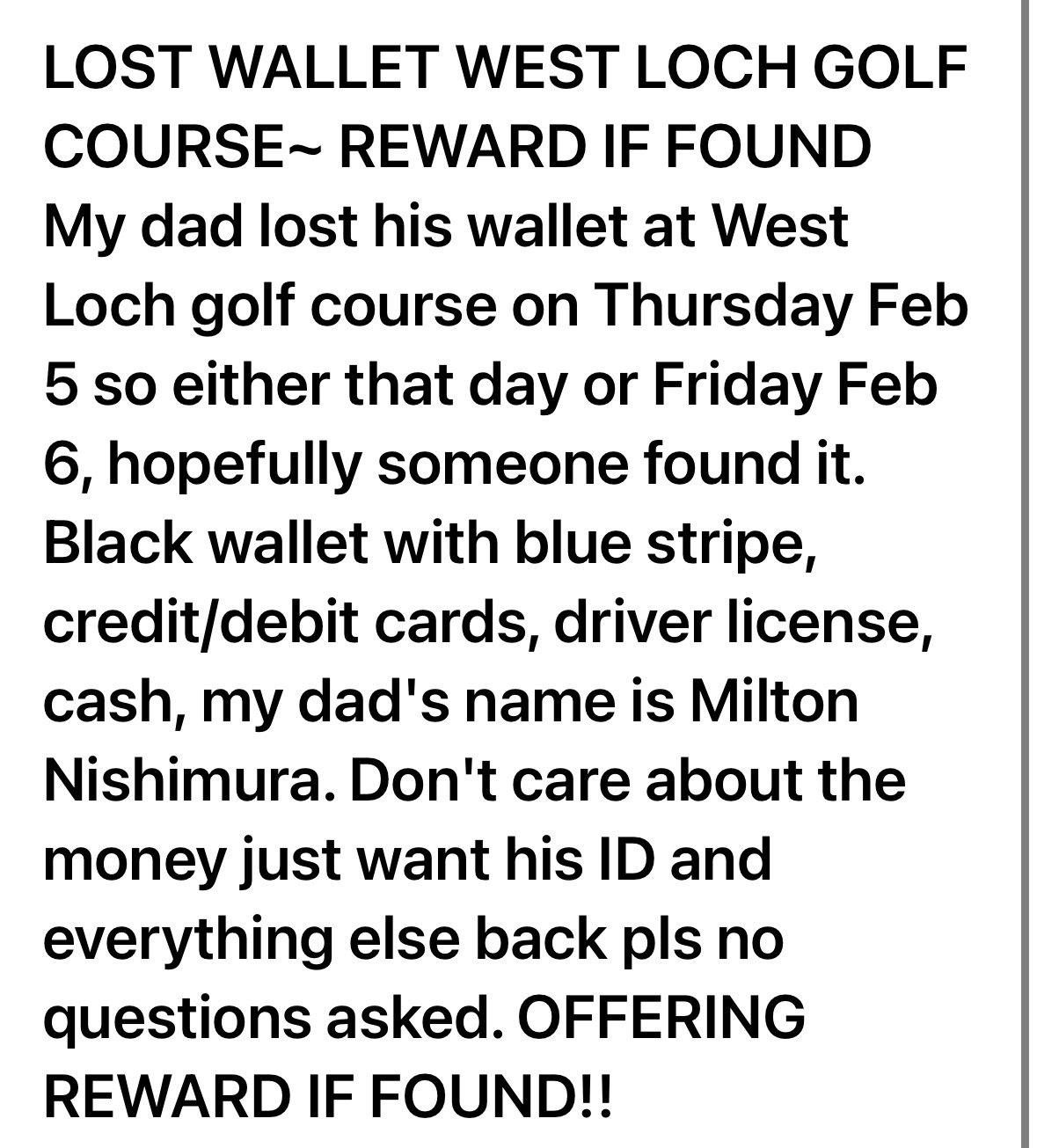 LOST ITEM - Oahu | Stolen Stuff Hawaii
