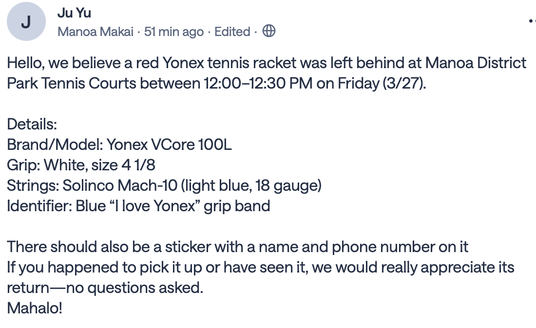 LOST ITEM - 2721 Kaaipu Ave, Honolulu, HI 96822 | Stolen Stuff Hawaii