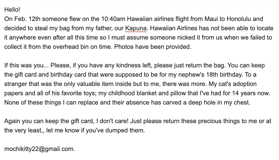 THEFT - Honolulu Airport, Hawaiian Airlines plane | Stolen Stuff Hawaii