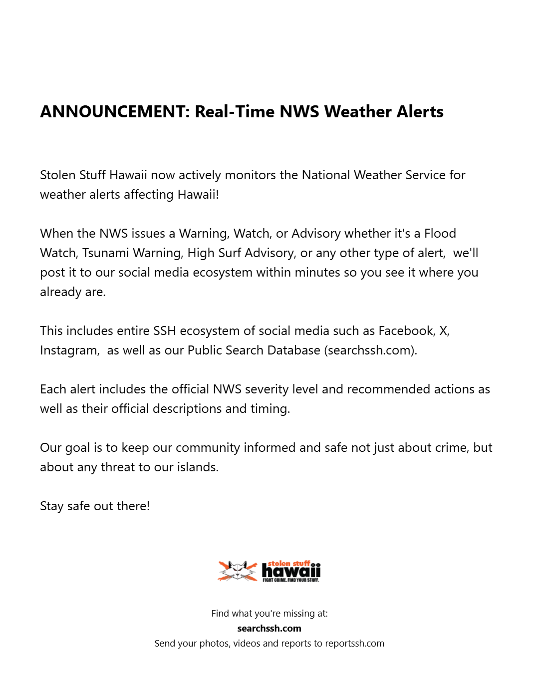 ANNOUNCEMENT - Oahu | Stolen Stuff Hawaii