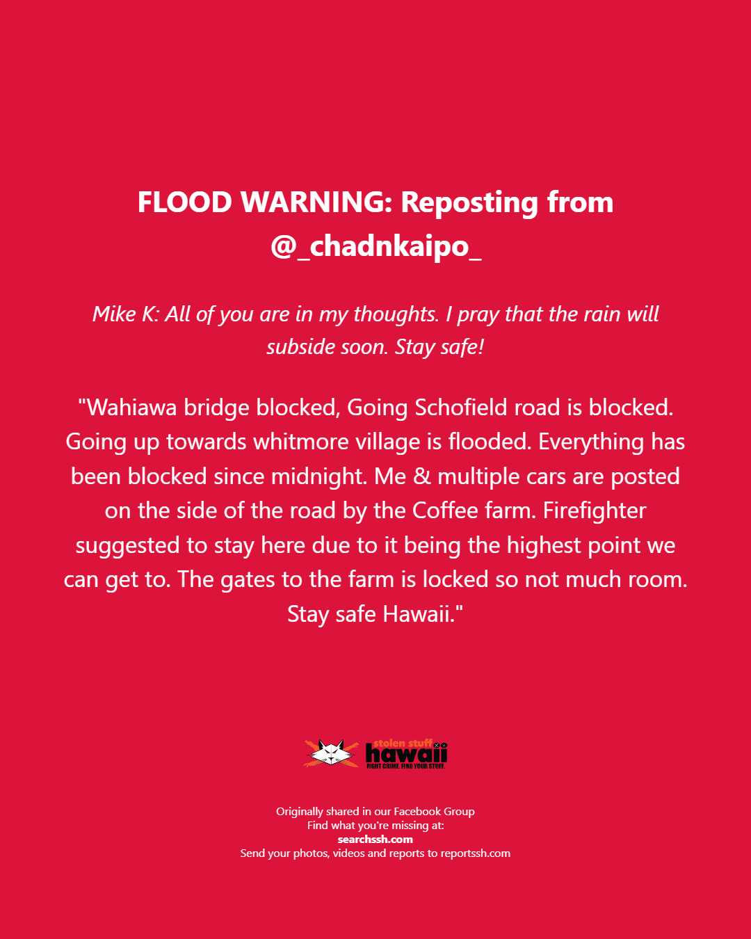 FLOOD WARNING - Unknown | Stolen Stuff Hawaii