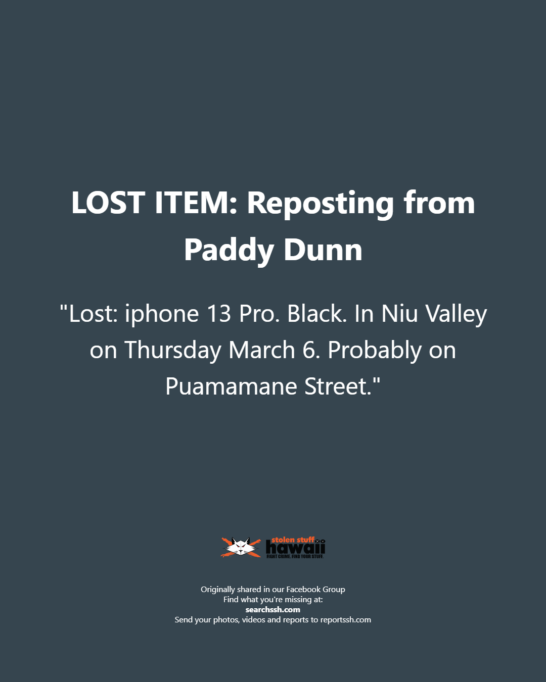 LOST ITEM - Oahu | Stolen Stuff Hawaii