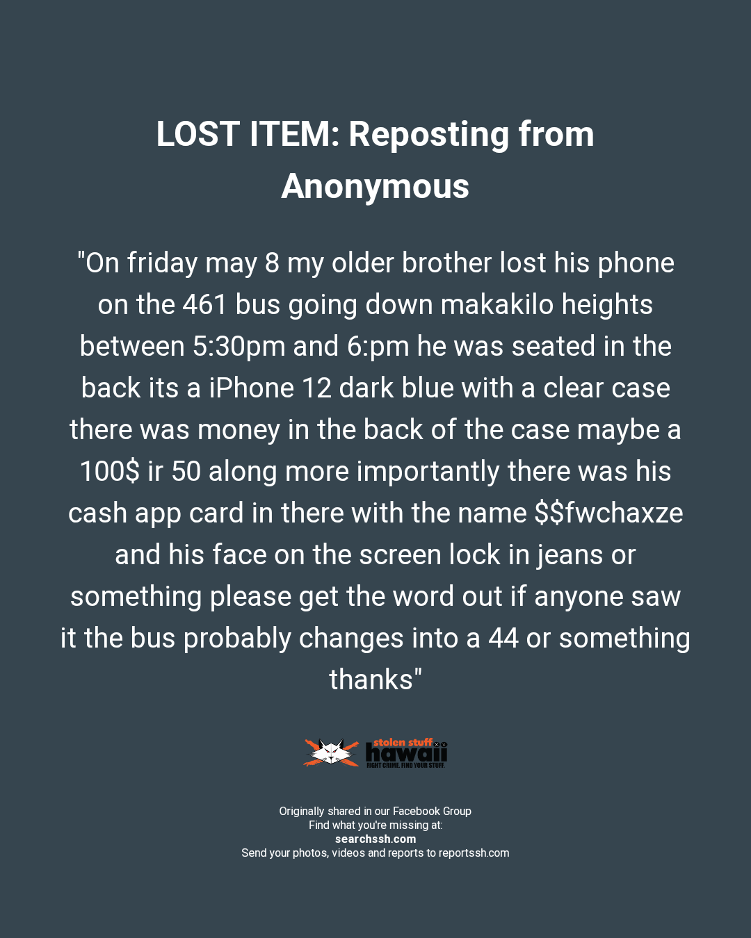 LOST ITEM - Unknown | Stolen Stuff Hawaii