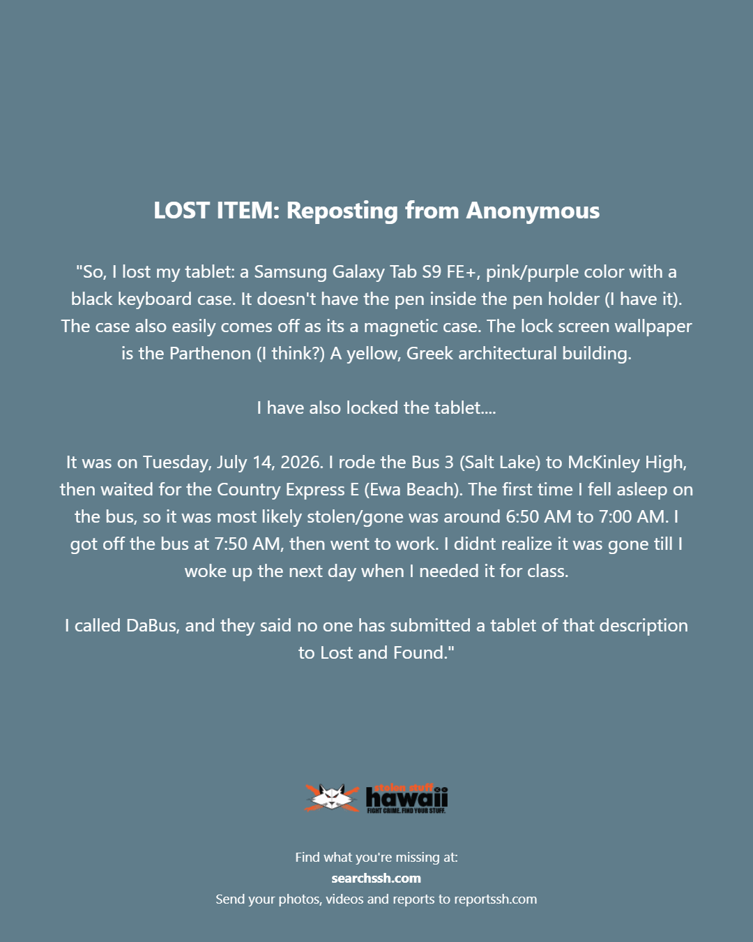 LOST ITEM - Unknown | Stolen Stuff Hawaii
