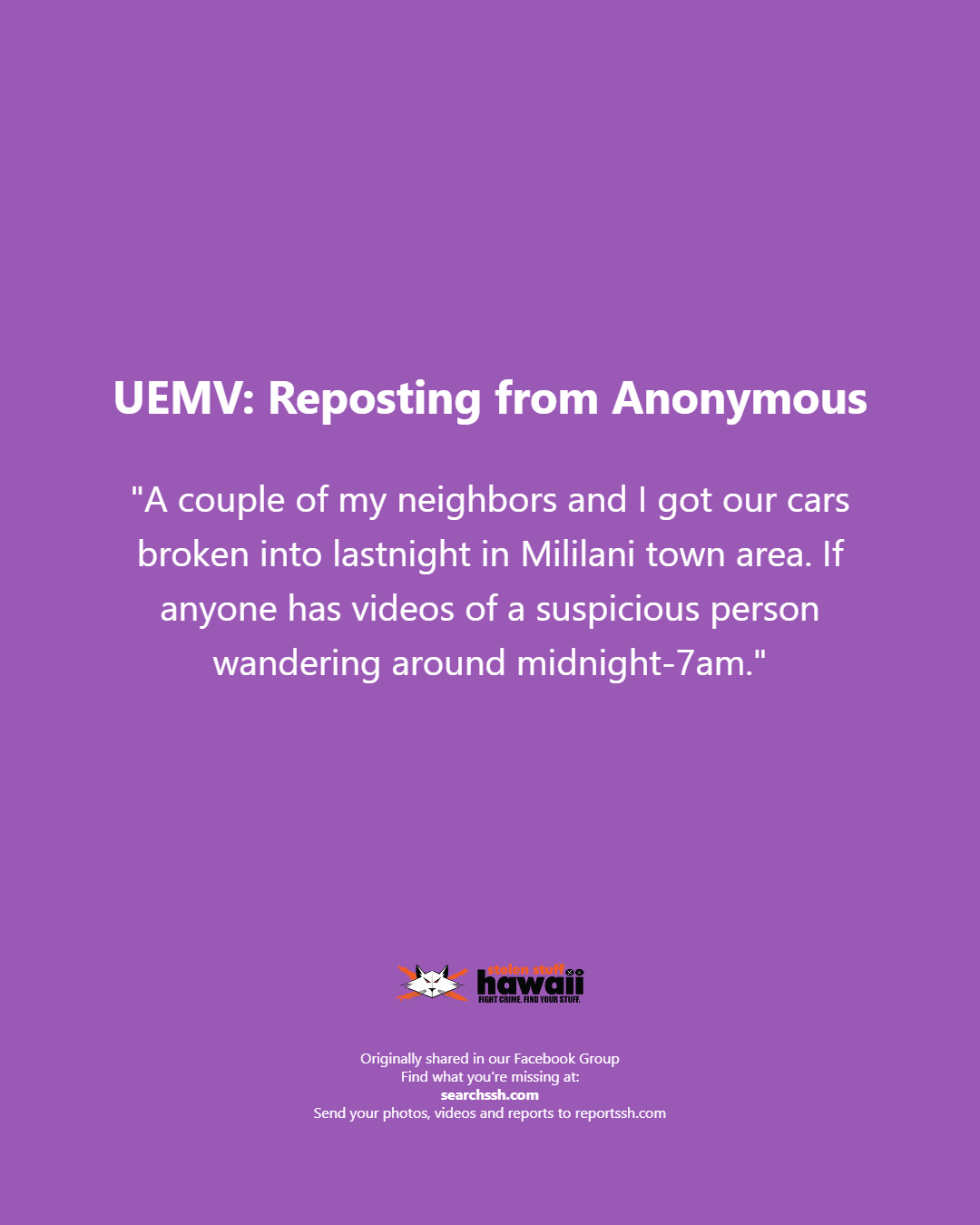 UEMV - Mililani | Stolen Stuff Hawaii