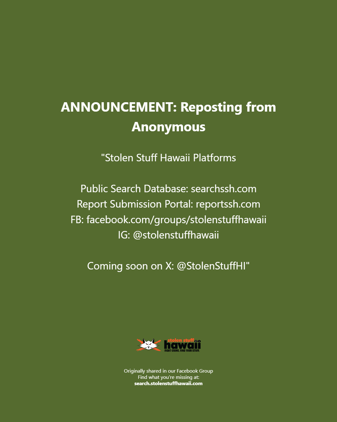 ANNOUNCEMENT - Oahu | Stolen Stuff Hawaii