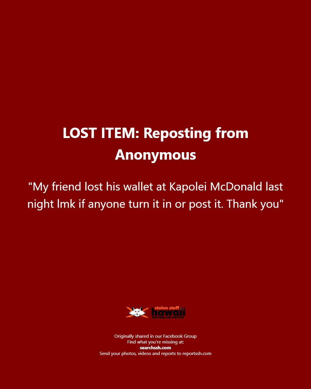 LOST ITEM - Oahu | Stolen Stuff Hawaii