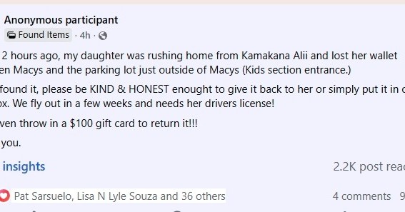 LOST ITEM - Oahu | Stolen Stuff Hawaii