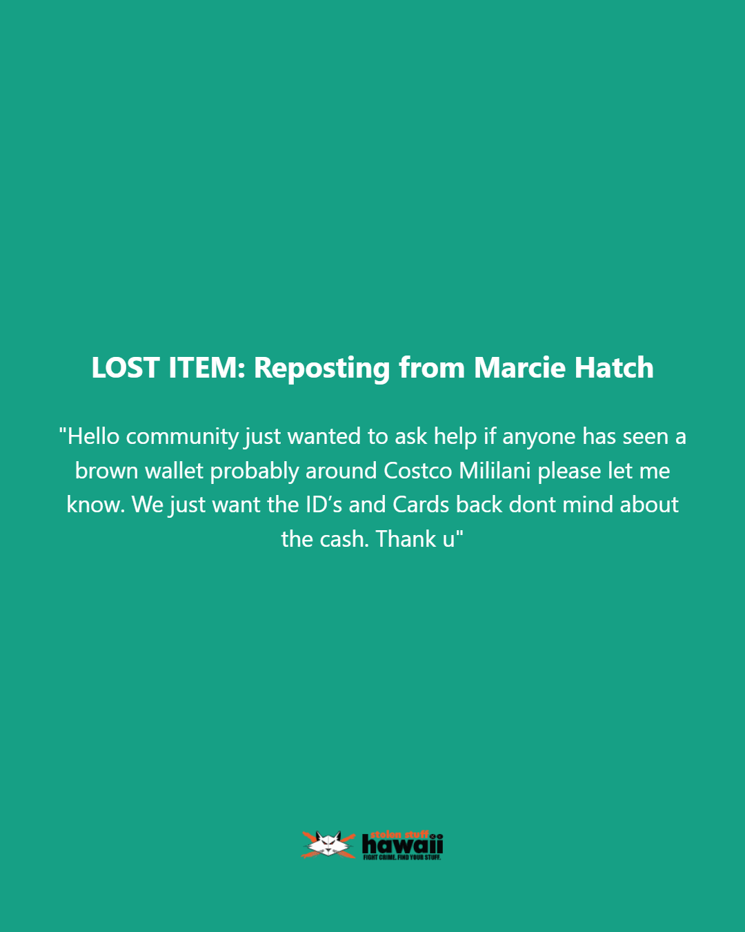 LOST ITEM - Oahu | Stolen Stuff Hawaii