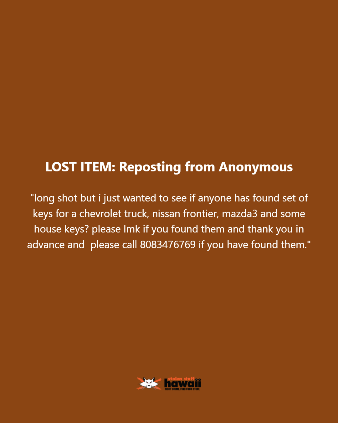 LOST ITEM - Oahu | Stolen Stuff Hawaii