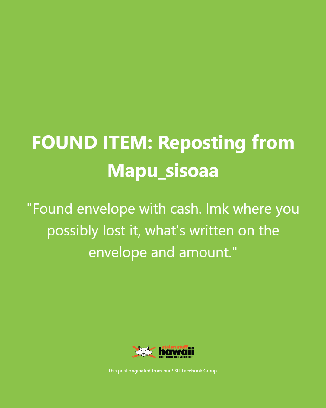 FOUND ITEM - Oahu | Stolen Stuff Hawaii