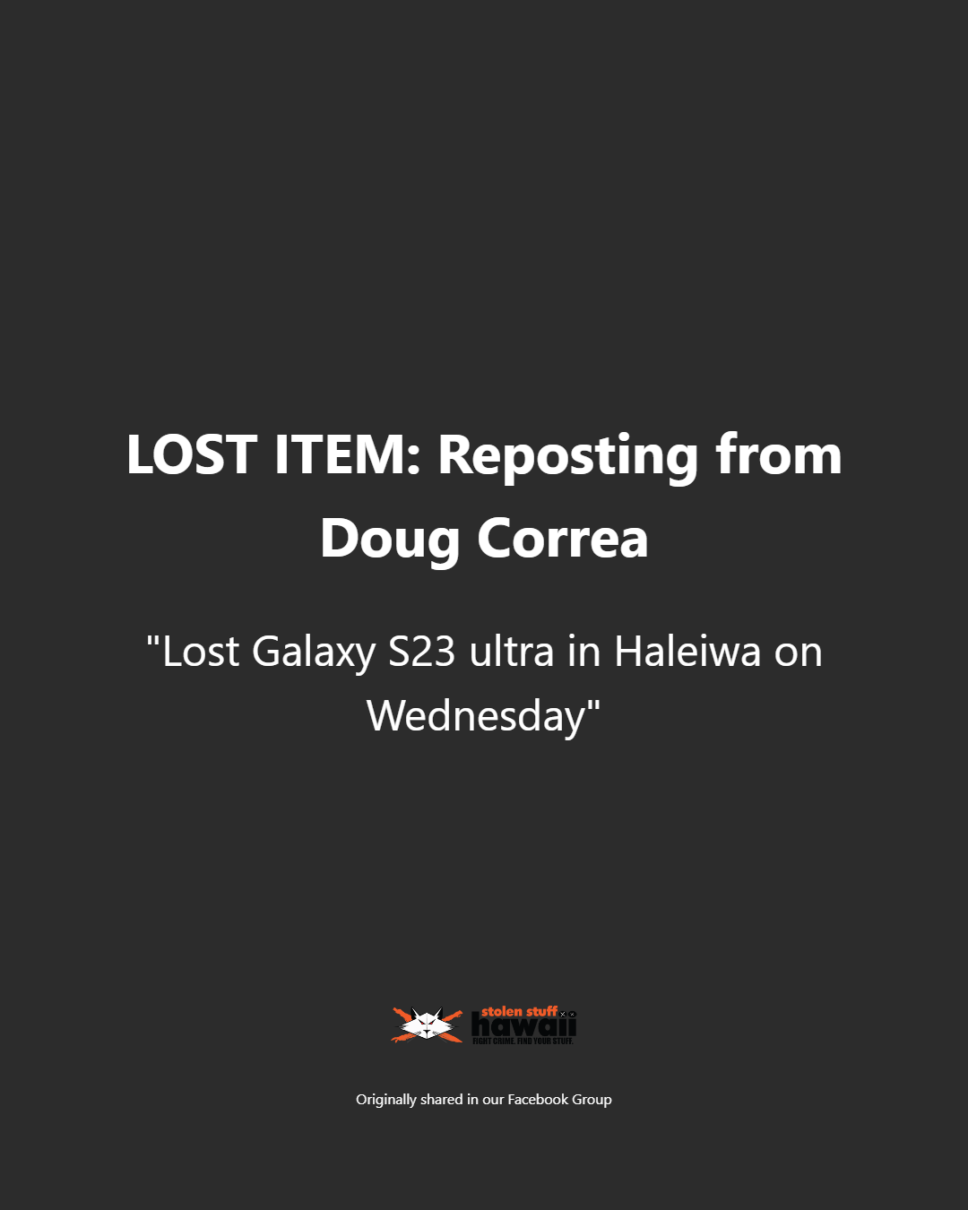 LOST ITEM - Oahu | Stolen Stuff Hawaii