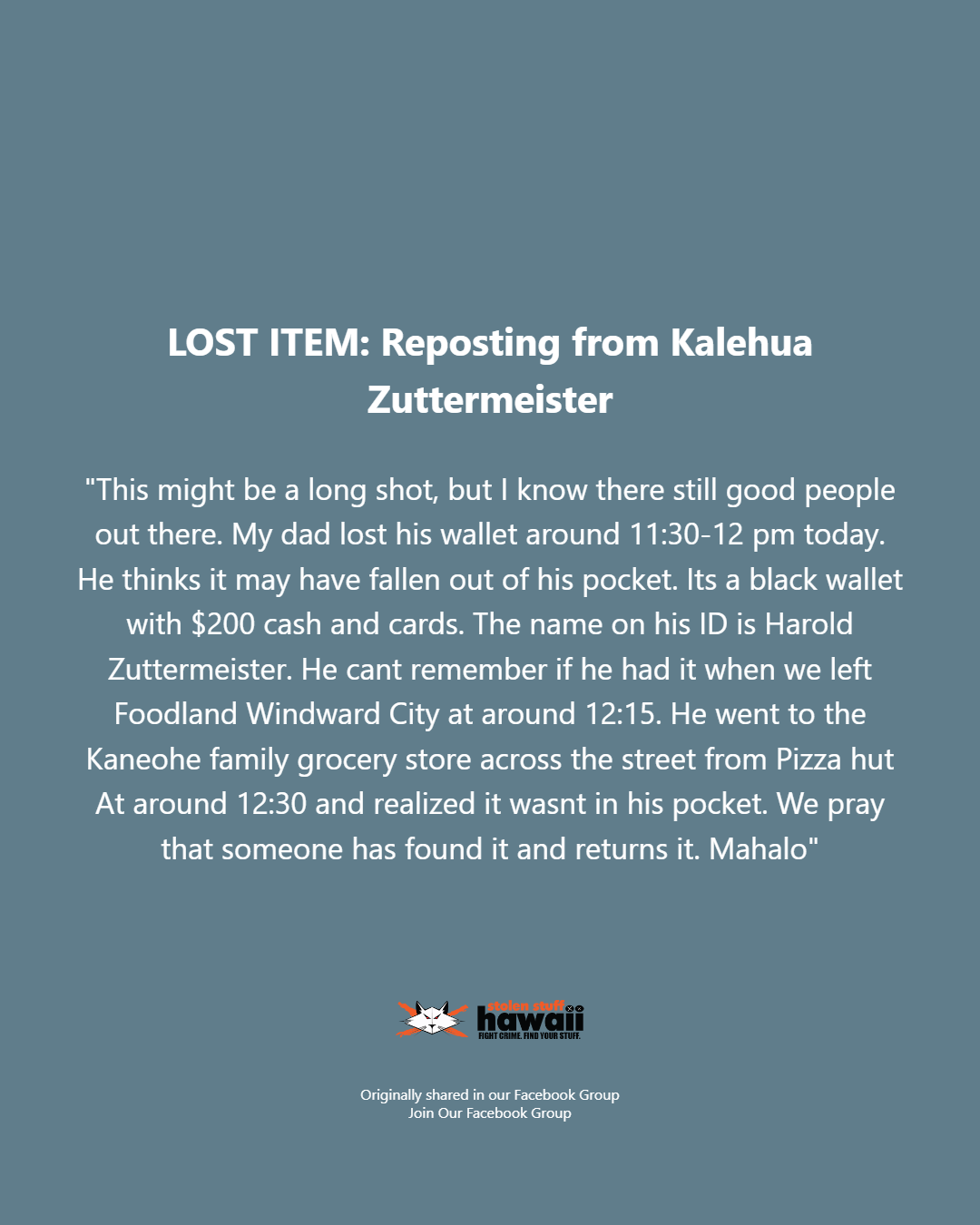 LOST ITEM - Oahu | Stolen Stuff Hawaii