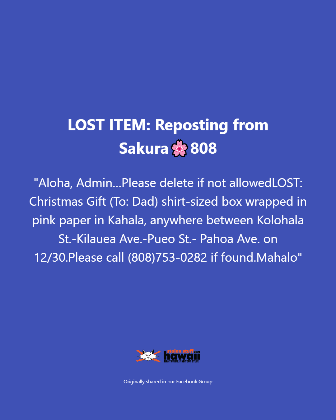 LOST ITEM - Oahu | Stolen Stuff Hawaii