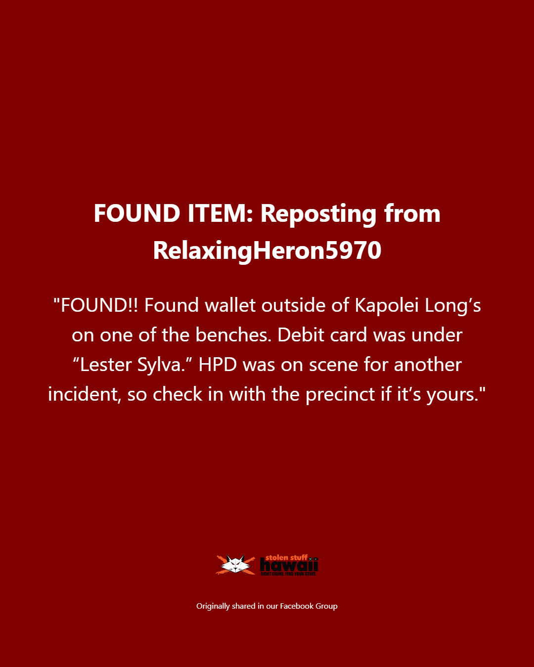 FOUND ITEM - Oahu | Stolen Stuff Hawaii