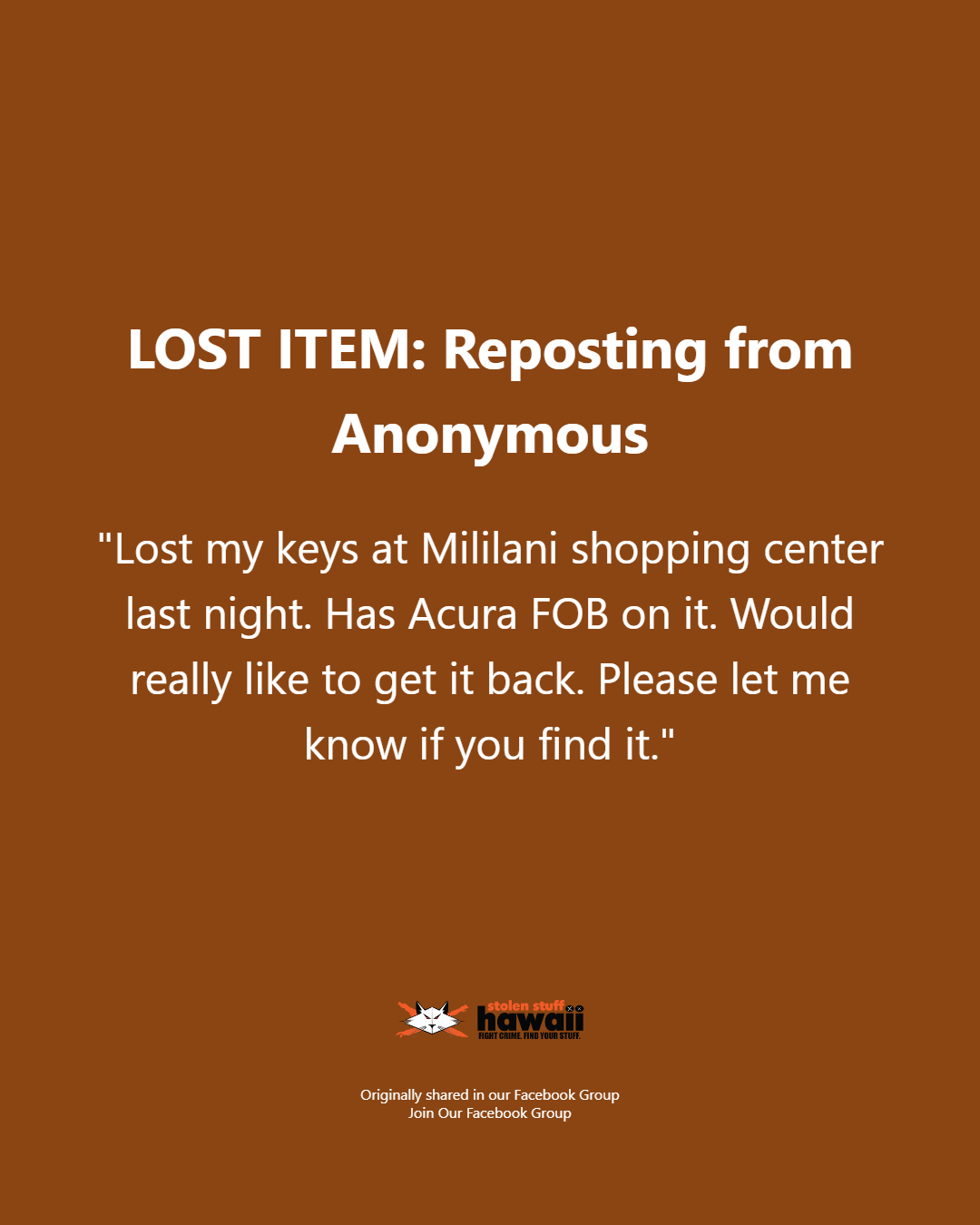 LOST ITEM - Oahu | Stolen Stuff Hawaii