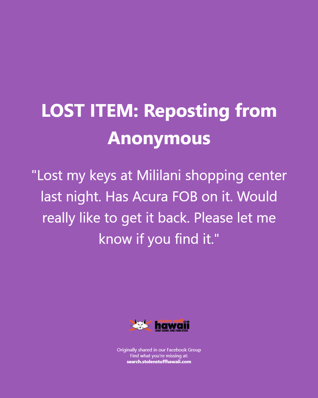 LOST ITEM - Oahu | Stolen Stuff Hawaii