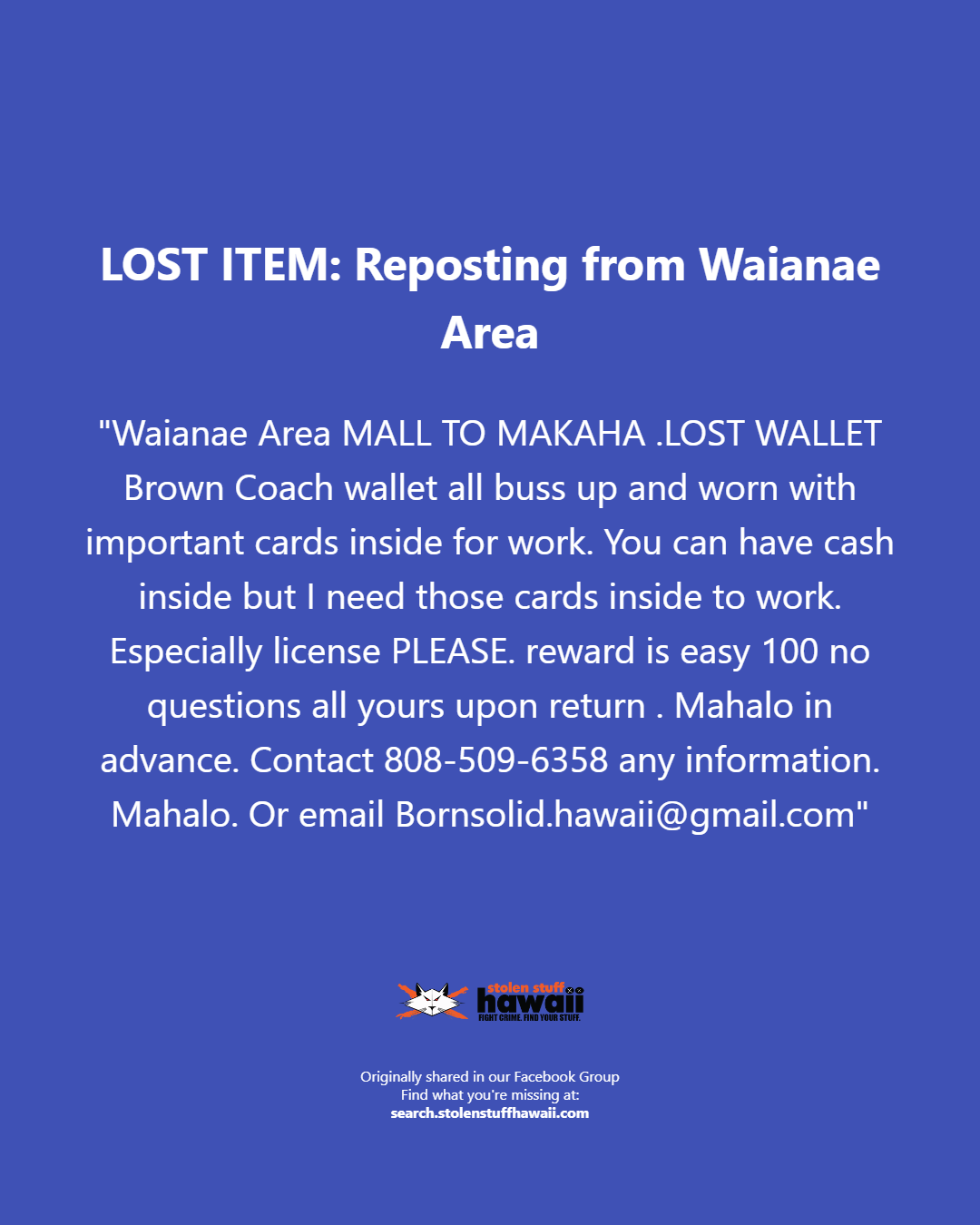 LOST ITEM - Oahu | Stolen Stuff Hawaii