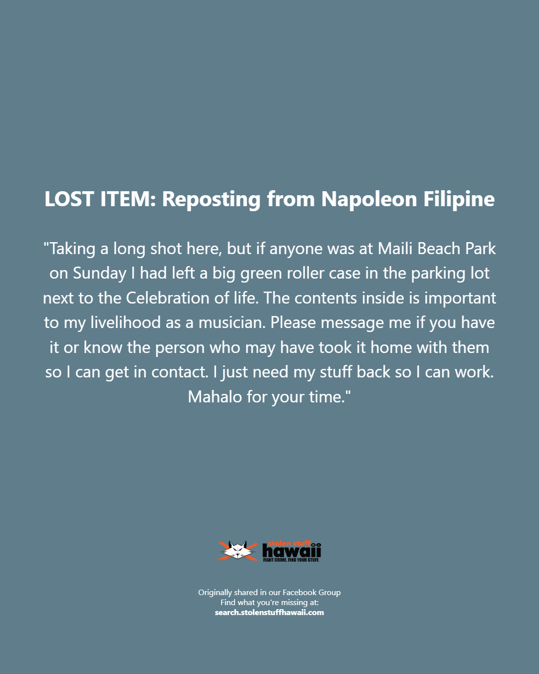 LOST ITEM - Oahu | Stolen Stuff Hawaii