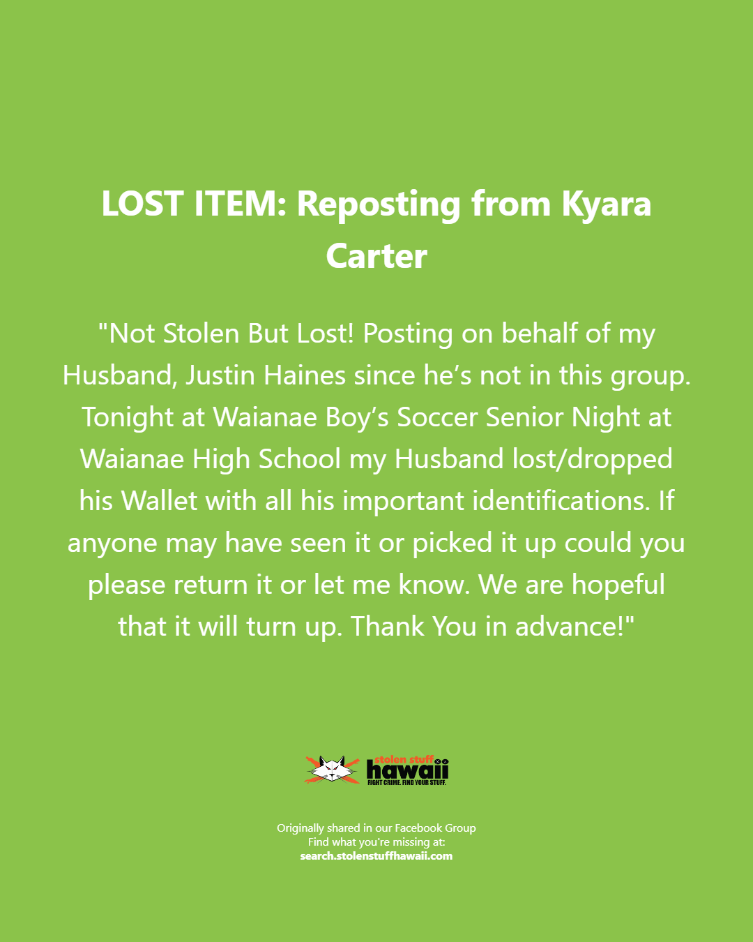 LOST ITEM - Oahu | Stolen Stuff Hawaii