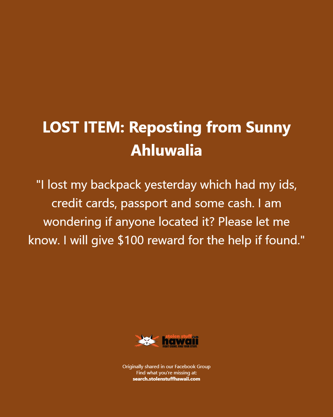 LOST ITEM - Oahu | Stolen Stuff Hawaii