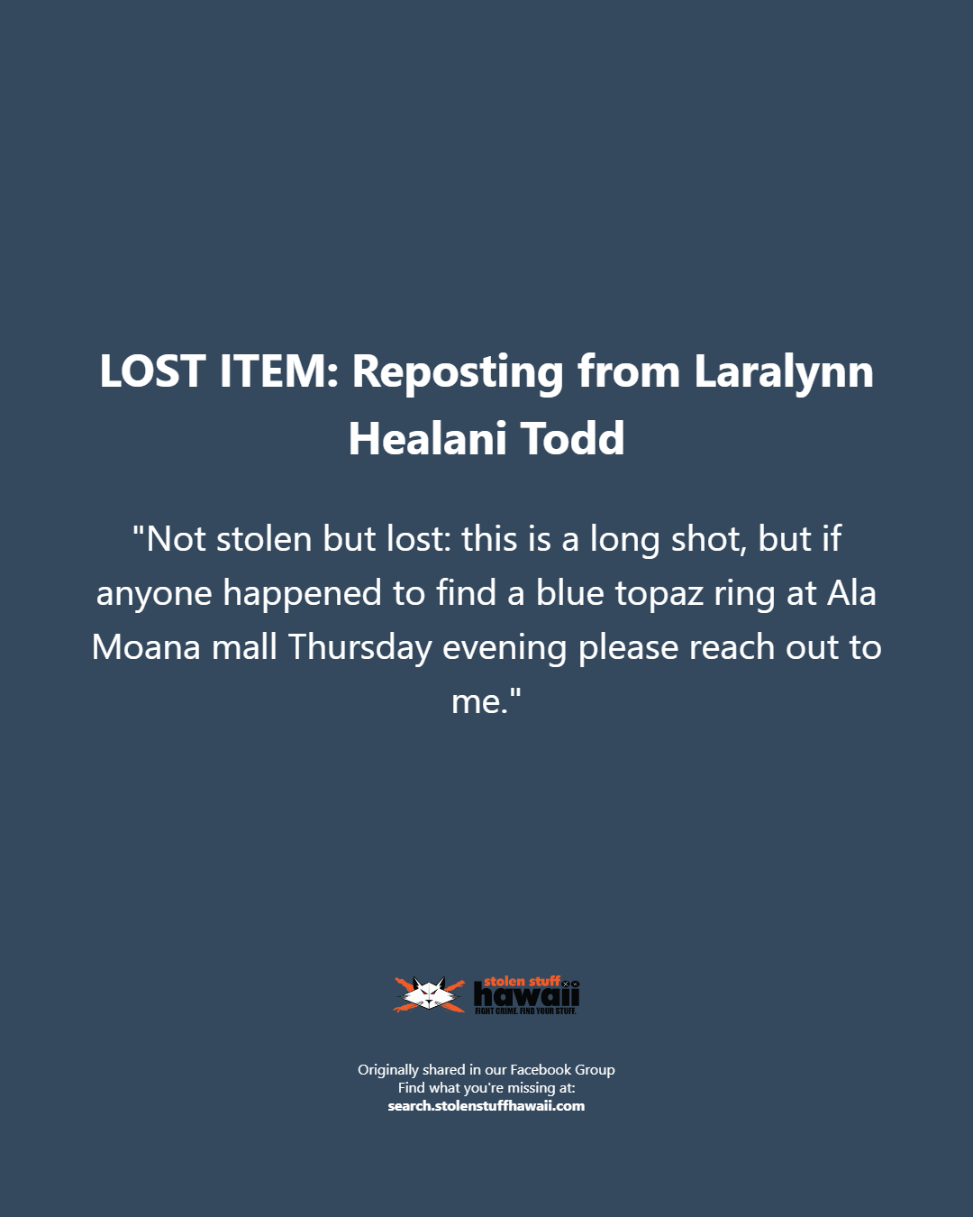 LOST ITEM - Oahu | Stolen Stuff Hawaii
