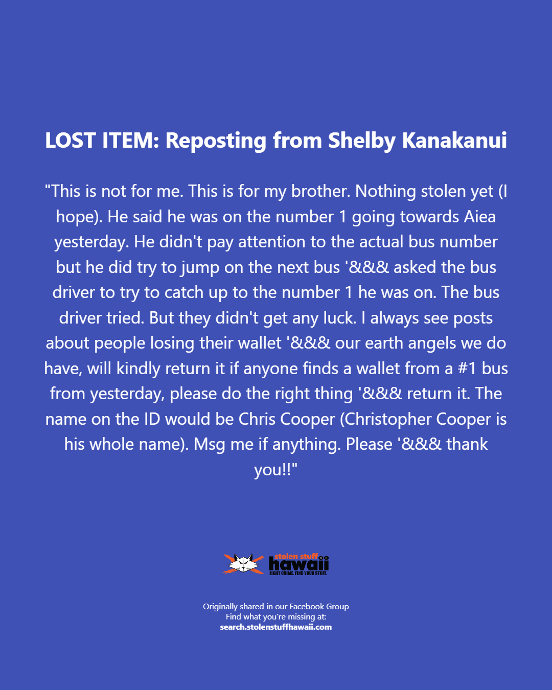 LOST ITEM - Oahu | Stolen Stuff Hawaii