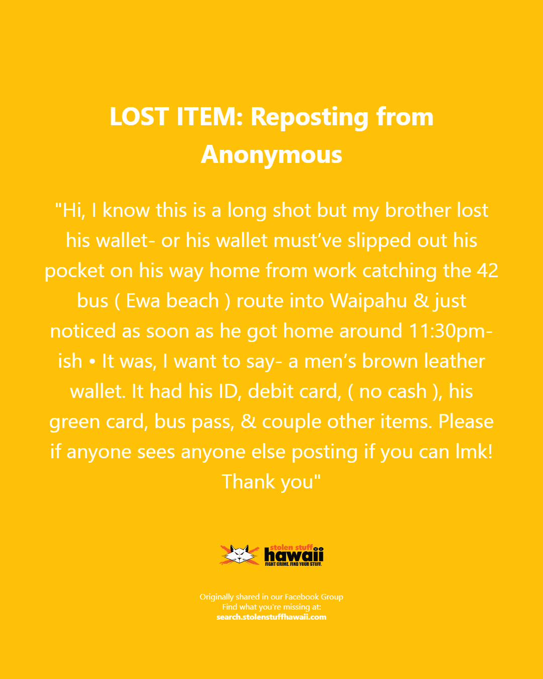 LOST ITEM - Oahu | Stolen Stuff Hawaii