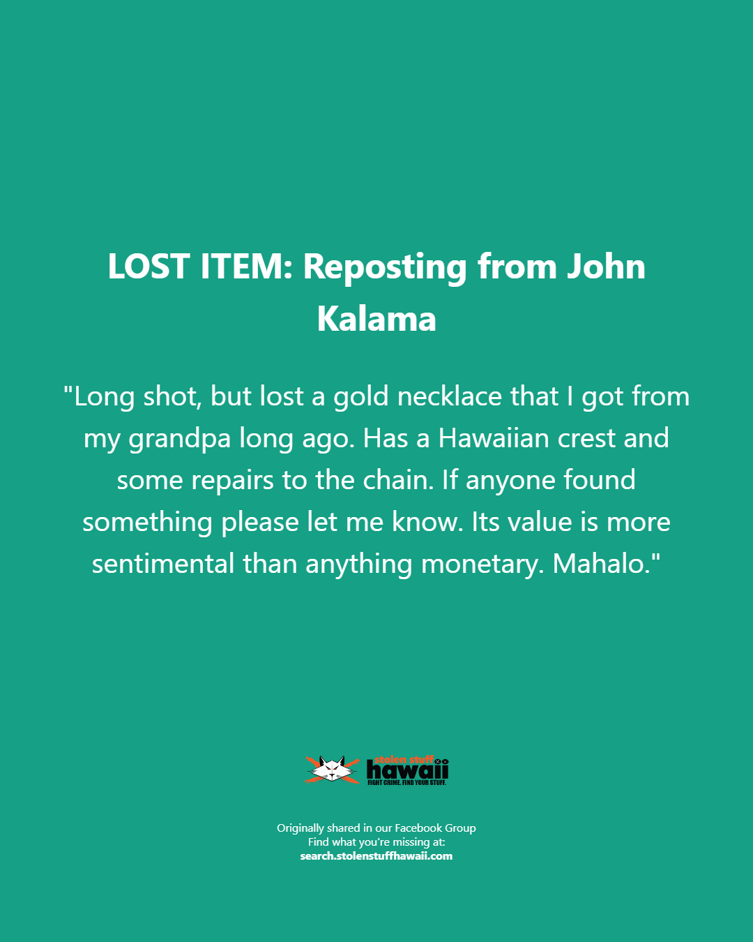 LOST ITEM - Oahu | Stolen Stuff Hawaii