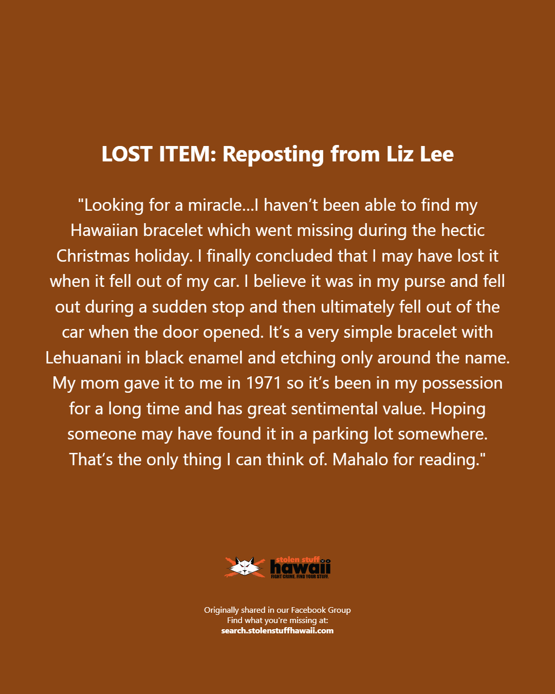 LOST ITEM - Oahu | Stolen Stuff Hawaii