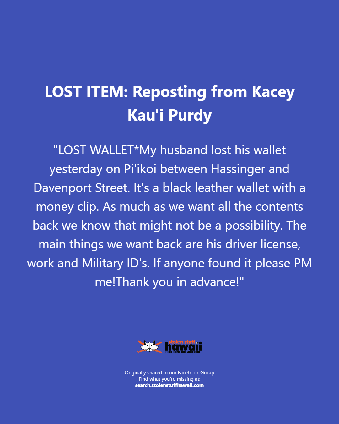 LOST ITEM - Oahu | Stolen Stuff Hawaii