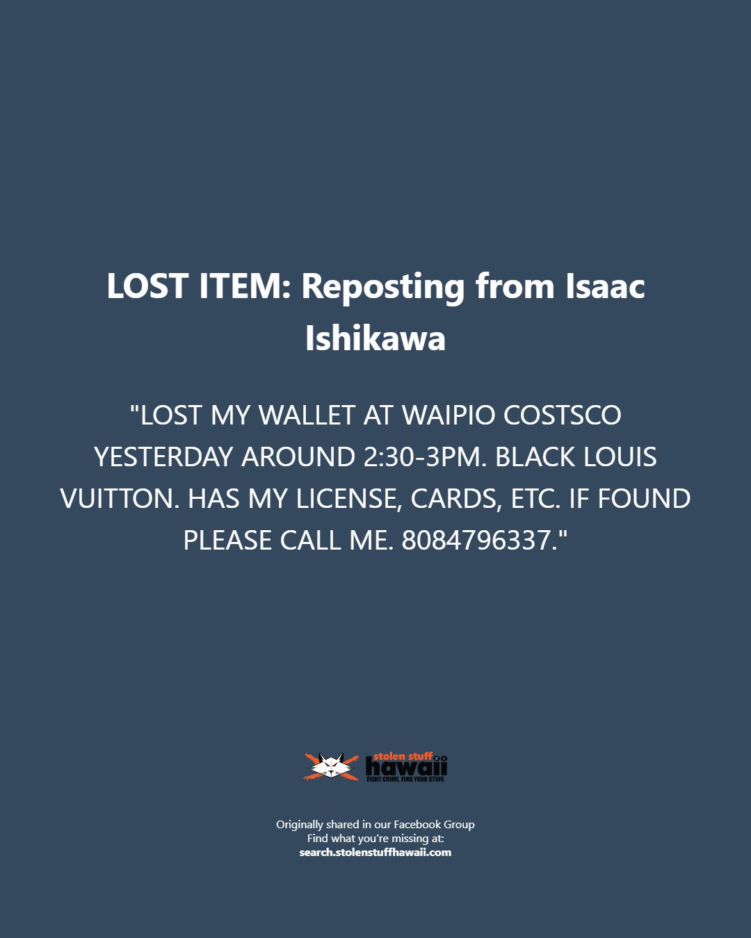 LOST ITEM - Oahu | Stolen Stuff Hawaii