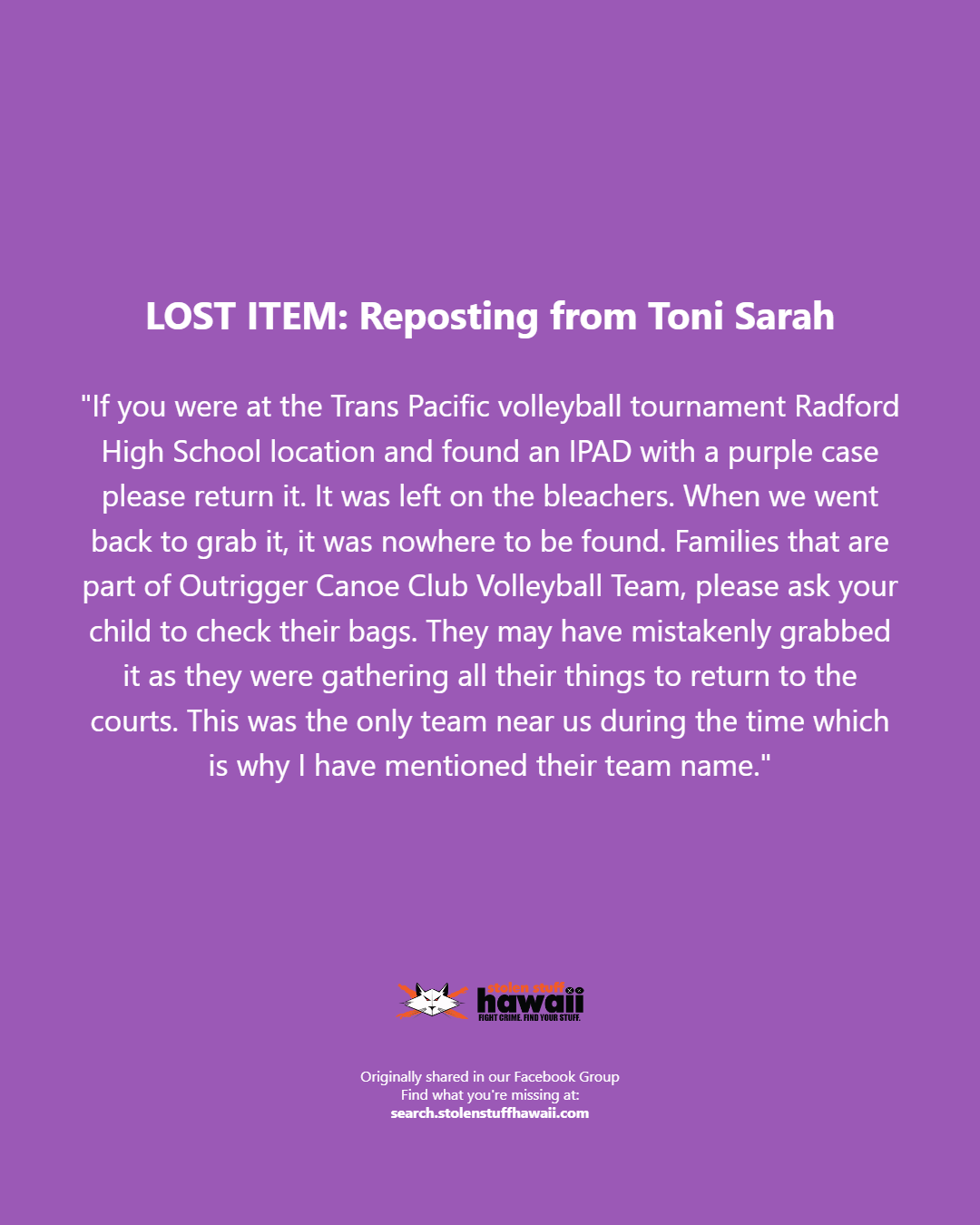LOST ITEM - Oahu | Stolen Stuff Hawaii