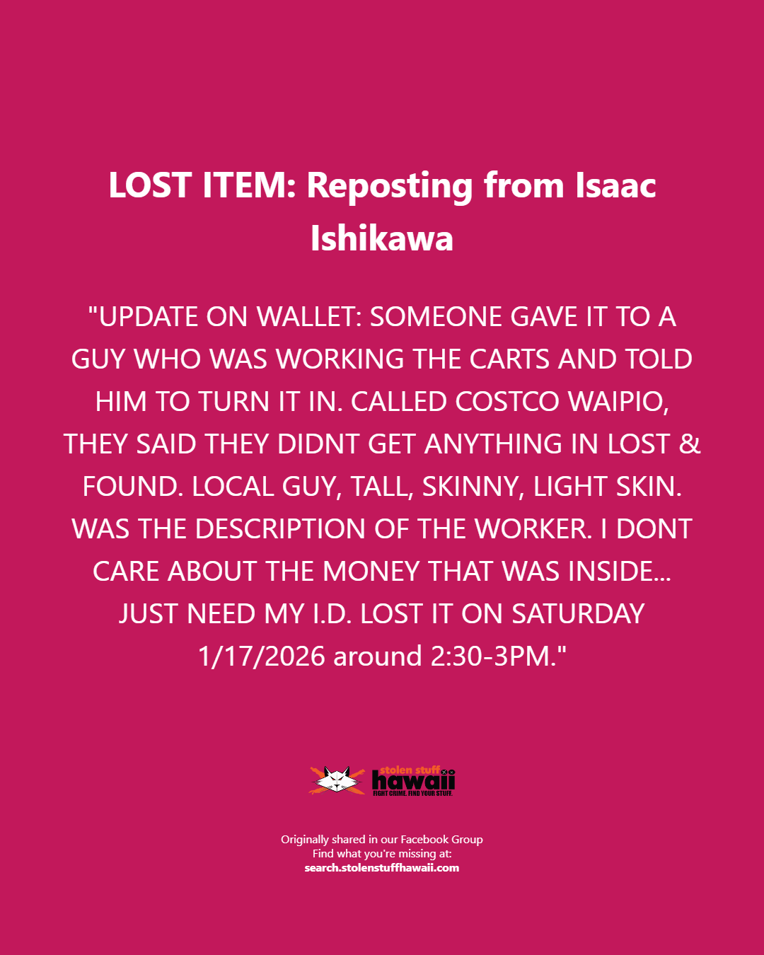 LOST ITEM - Oahu | Stolen Stuff Hawaii
