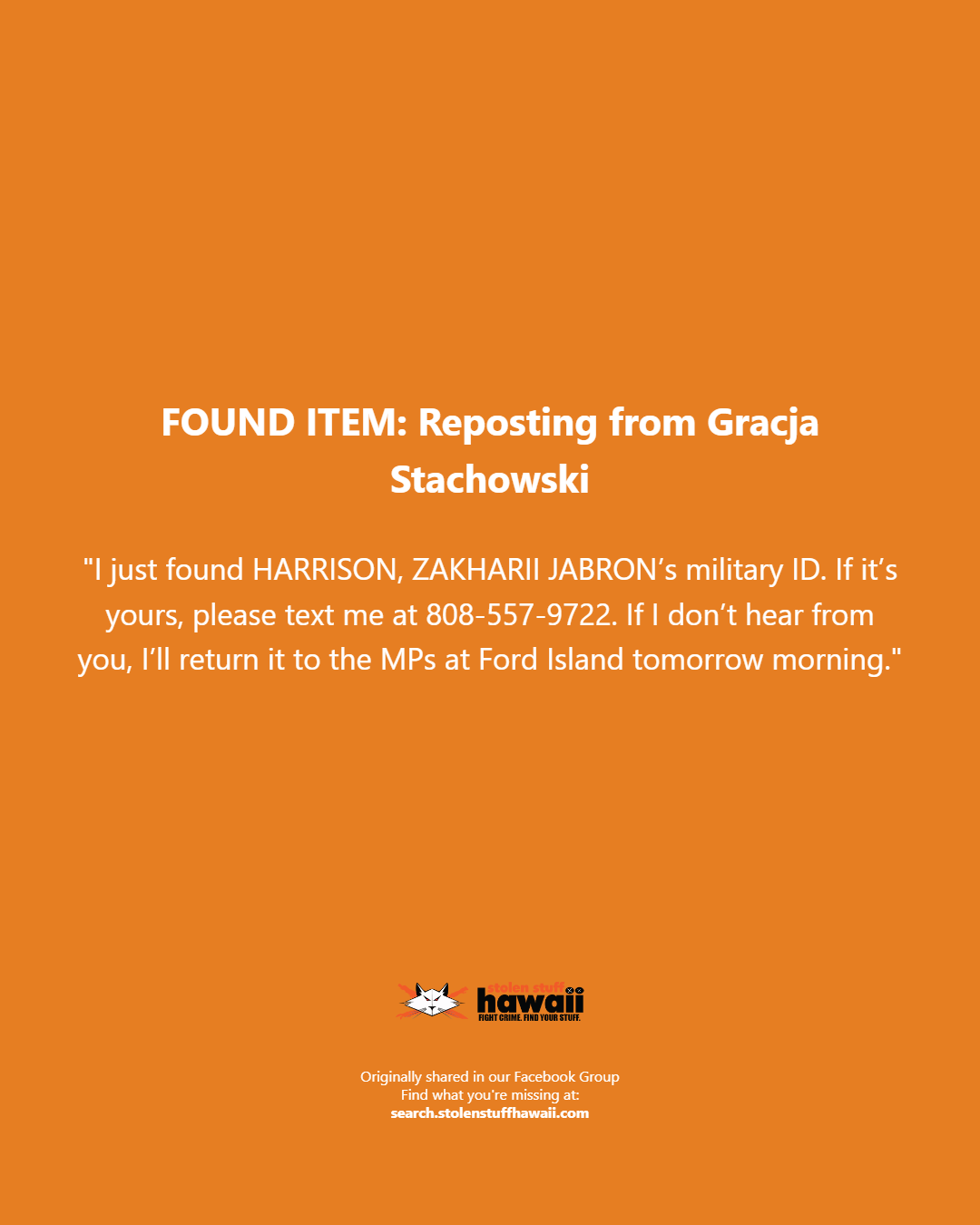 FOUND ITEM - Oahu | Stolen Stuff Hawaii